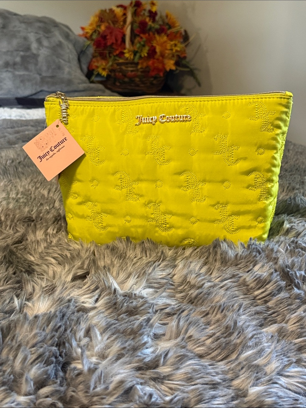 NWT Juicy Couture Chartreuse Quilted Cosmetic Pouch with Free Toiletry Bottle